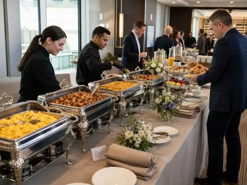 Concord business guests enjoying a professionally staffed Winslow’s Catering breakfast spread with hot entrées and baked goods.