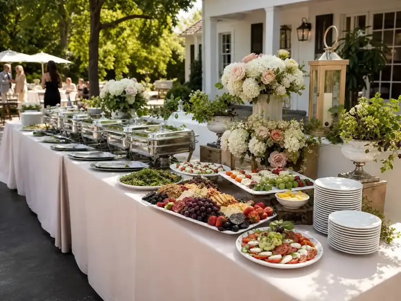 Concord outdoor reception catered by Winslow’s with hot buffet dishes, charcuterie, stacked china, lanterns, and romantic florals.